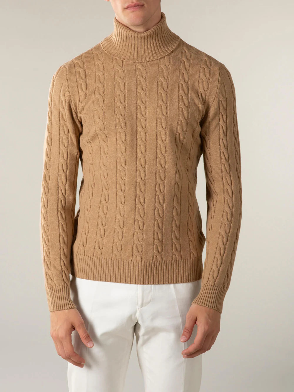 Gianni Dolcevita Cable Knit Sweater Beige